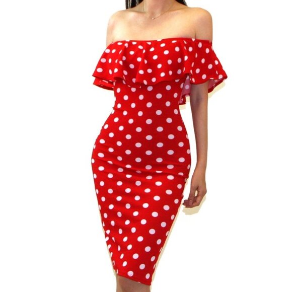 Got Style Red White Polka Dot Off Shoulder Midi Dress - Picture 1 of 3